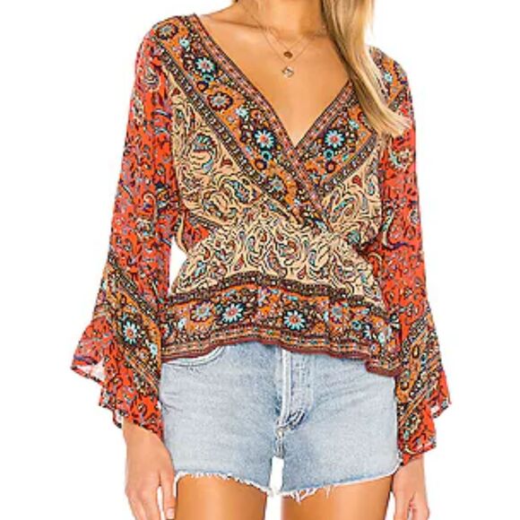 NWT Free People Rosalie Boho Bell Sleeve Surplice Paisley Red Top Blouse Sz XS - Picture 1 of 16